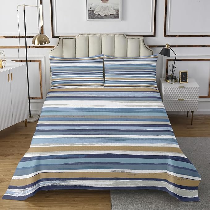 Erosebridal Brown Navy Beige Bedspread King Size White Teal Grey Quilt Set, Aesthetic Striped Coverlet Set Wave Line Bedding Set, Grunge Minimalism Bed Cover Lightweight