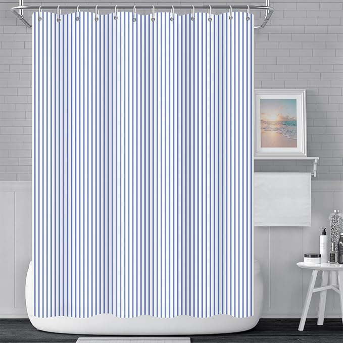 Abstract Stripes Fabric Bathroom Shower Curtain - Sky Blue Lines Modern Minimalist with Hooks - Polyester Waterproof Artistic Decor, 36x72 Inch