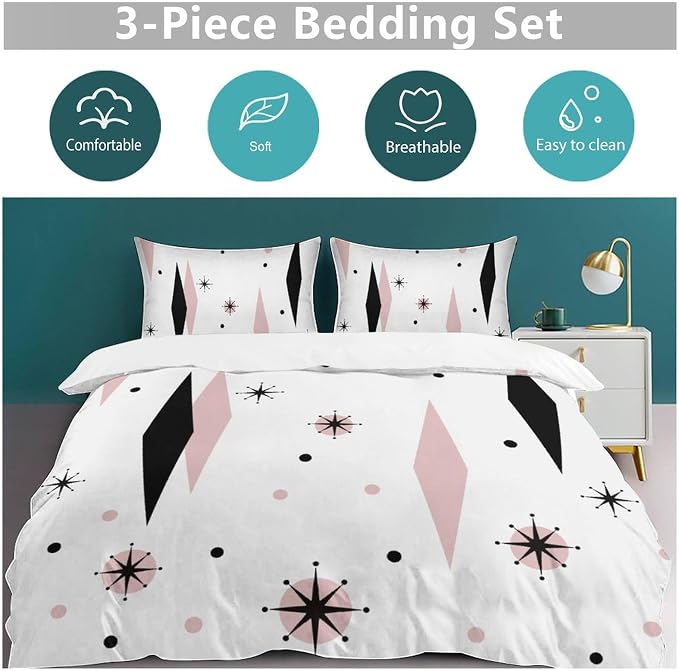 Mid Century Duvet Cover Sets Aesthetic Abstract Geometric Mid Century Retro Printed Lightweight Soft Quilt Cover Minimalist Soft Microfiber 3 Piece (1 Duvet Cover 90x90in + 2 Pillow Sham 20x30in)