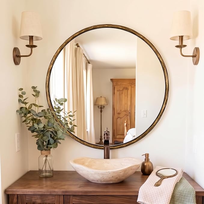 ANDY STAR 30 Inch Hand-Forged Round Gold Mirrors, Hammered Round Bathroom Mirror for Over Sink, Brass Vanity Circle Mirror for Antique, Vintage, Farmhouse, Rustic, Solid Steel Metal Frame
