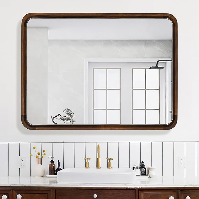 Bathroom Mirror for Wall,Wood Rectangle 30 x 40 inch Hanging Vatiny Tempered Mirrors with Rounded Corner for Living Room,Bedroom,Entryway