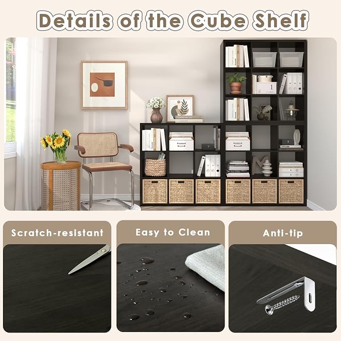 Endearing Limons【2026 Wooden Thick Border 9 Cube Shelf Storage Organizer with Anti-Tipping Kits + Reversible Open Back Bookcase (11 x 11 Unit Cell Chocolate)