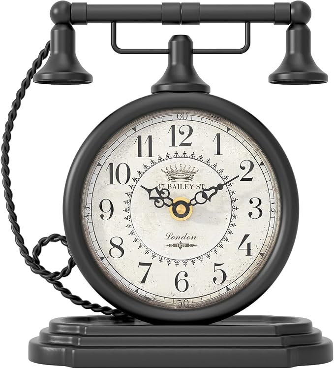 Vintage Table Clock, Desk and Shelf Decor Clock, Black Antique Telephone Style Mantel Clocks, for Living Room, Farmhouse, Bedroom, Bedside, Gift (7.3" H x 7.3" W)