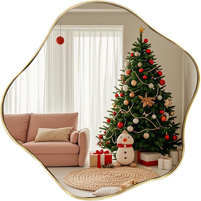Gold Irregular Mirror, 16" Asymmetrical Shaped Mirror, Wavy Round Mirrors Decorative, Modern Scalloped Mirrors for Living Room Bathroom Bedroom Hallway Entryway Fireplace