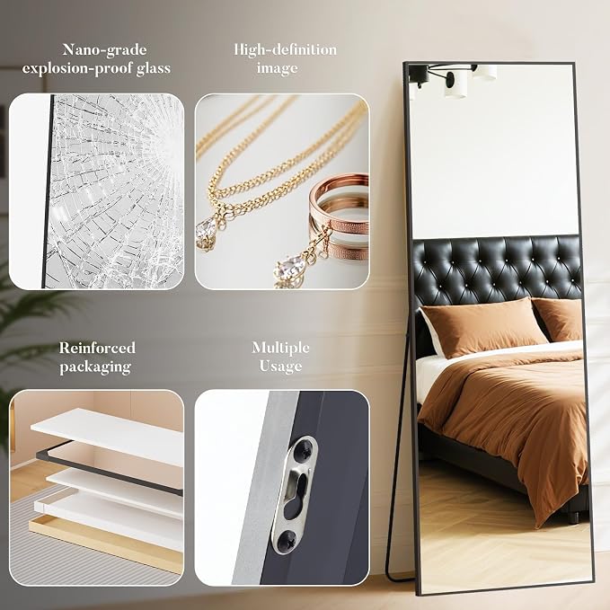 OLIXIS Black Full Length Mirror 60"x16" for Bedroom, Full Body Floor Mirror with Stand, Hanging or Leaning for Wall, Aluminum Alloy Thin Frame Floor Standing for Living Room, Long