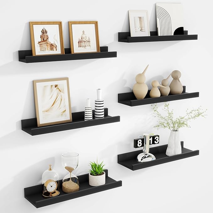 Floating Shelves Set of 6, 16 Inch Picture Ledge Shelf with Lip for Wall, Wall Mounted Display Shelf for Living Room, Bedroom, Nursery, Bathroom, Kitchen, Black