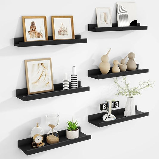 Floating Shelves Set of 6, 16 Inch Picture Ledge Shelf with Lip for Wall, Wall Mounted Display Shelf for Living Room, Bedroom, Nursery, Bathroom, Kitchen, Black