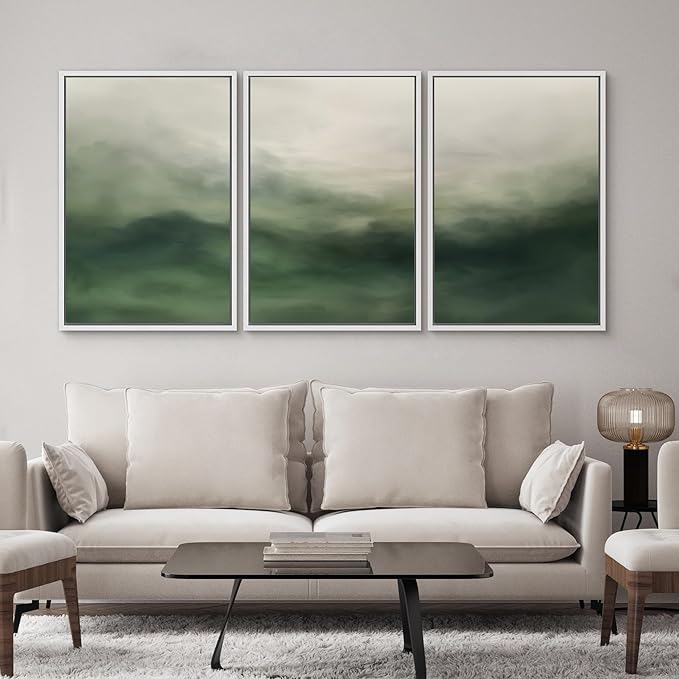 SIGNWIN Framed Canvas Print Wall Art Set Abstract Green Misty Landscape Illustrations Modern Art Decorative Boho Relax/Zen Nordic for Living Room, Bedroom, Office - 24"x36"x3 White