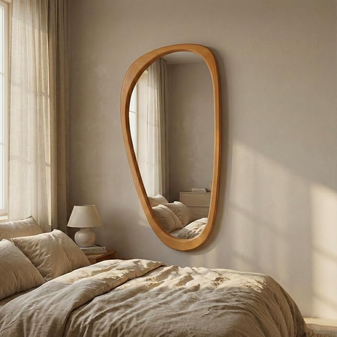 Irregular Asymmetrical Wall Mirror 48"×24" with Solid Wood Frame, Organic Mid-Century Modern Decorative Full-Length Wall Mirror for Living Room, Entryway, Bedroom & Bathroom