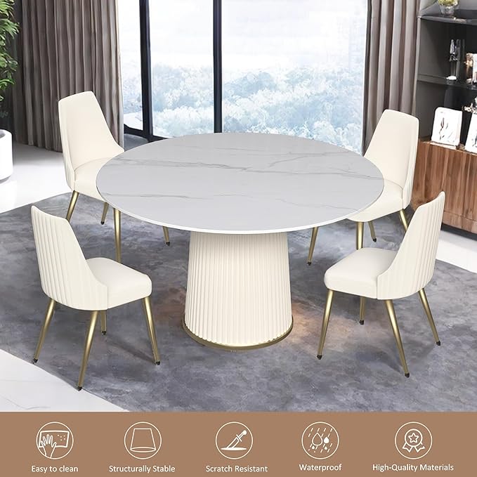 Leavader 53'' Round Dining Table Set, White Sintered Stone Tabletop and Cylindrical Base, 1 Table and 4 Chairs Set for Dining Room/Living Room/Kitchen