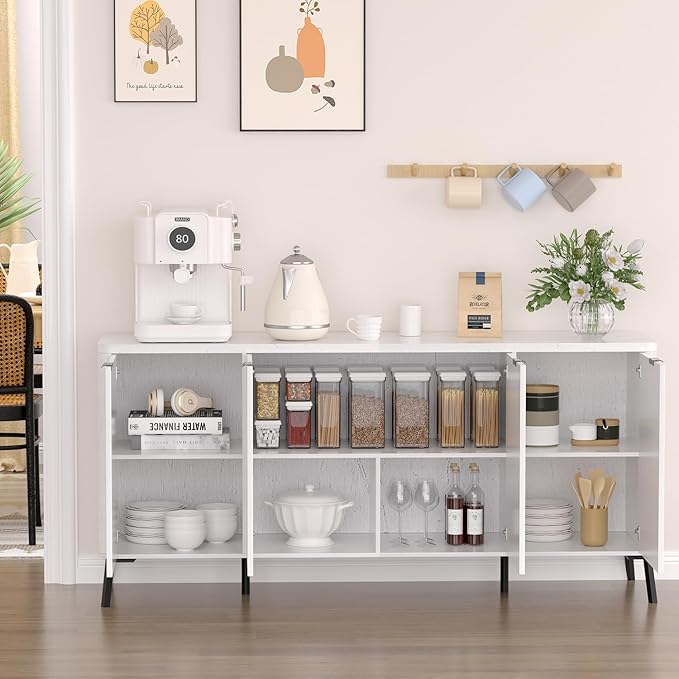 Buffet Cabinet, 63" Large Sideboard Buffet Cabinet with Storage, Modern Fluted Sideboard with 4 Doors, Wood Credenza Coffee Bar Storage Cabinet, for Living Room, Kitchen, Hallway, White