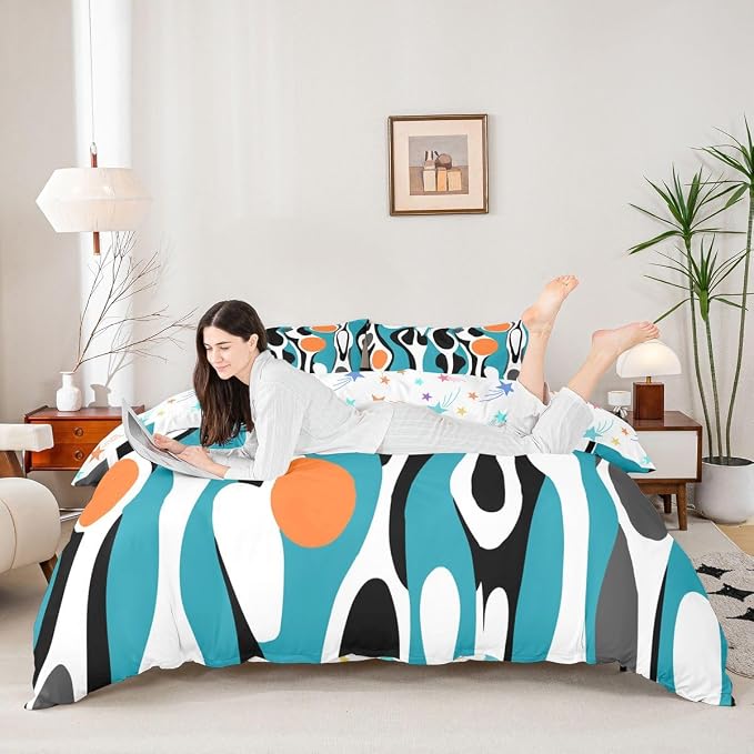 Erosebridal Mid Century Modern Abstract Duvet Cover Set Vintage Geometric Queen Bedding Set for Toddler Boys Contemporary Organic Shapes Comforter Cover Squiggle Blob Bed Sets,Teal Orange