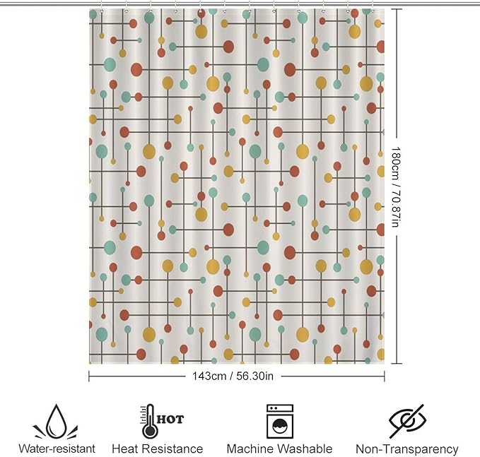 Vintage Atomic Geometric Shower Curtains, Modern Mid Century Classic 70s Lconic Colorful Pattern Washable Waterproof Fabric for Bathroom Decor Bathtub with 12 Hooks 55x72in（140x183cm）