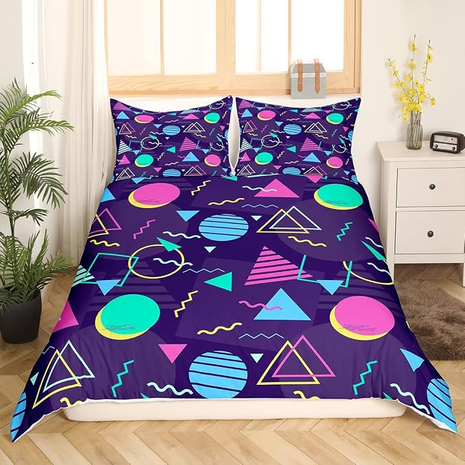 Memphis Duvet Cover Set Twin Size, Retro 80s or 90s Fashion Style Bedding Set for Kids Boys Girls, Geometric Triangle Circle Comforter Cover Soft Polyester Quilt Cover with 1 Pillowcase,No Comforter