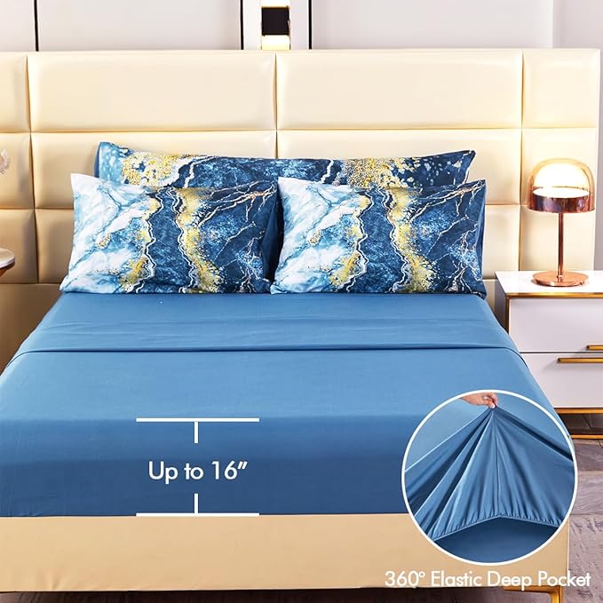 PERFEMET 6 Piece Blue Comforter Set Full Bed in A Bag Set Aesthetic Capri Blue and Gold Marble Bedding Set with Sheets Soft Luxury Watercolor Burning Mountain Printed Bedroom Sets(Capri Blue, Full)