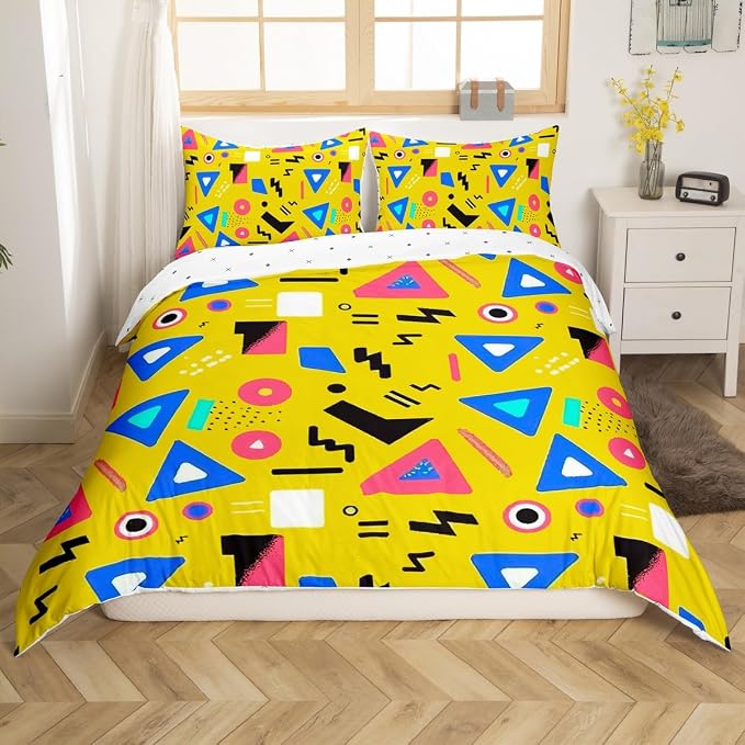 Memphis Geometric Pattern Comforter Cover Set King Size,Retro Style Round Half Moon Triangle Shapes Artwork Duvet Cover Colorful Graphic 80s 90S Style Bedding Set Abstract 1990S Memphis Home Decor
