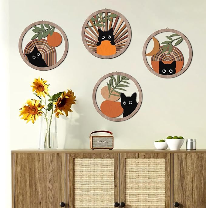 HPNIUB Boho Black Cat Wall Decor, Farmhouse Geometric Hanging Wooden Wall Art, 4 Pieces 10''x10'' Mid Century Bohemian Abstract Moon and Sun Wood Sign for Nursery Bedroom Decoration, Lovely Cat Gifts