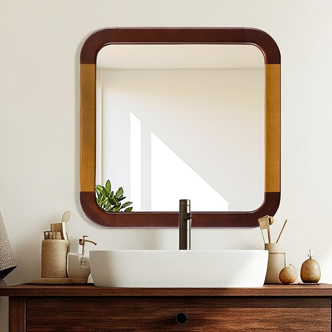 Bathroom Mirror 24 x 24 Inch,Brown Wood Rustic Rectangle Tempered Wall Mirror with Wood Frame,Round Corner Farmhouse Wooden Vanity Mirror for Living Room,Entryway or Bedroom（Walnut Brown）