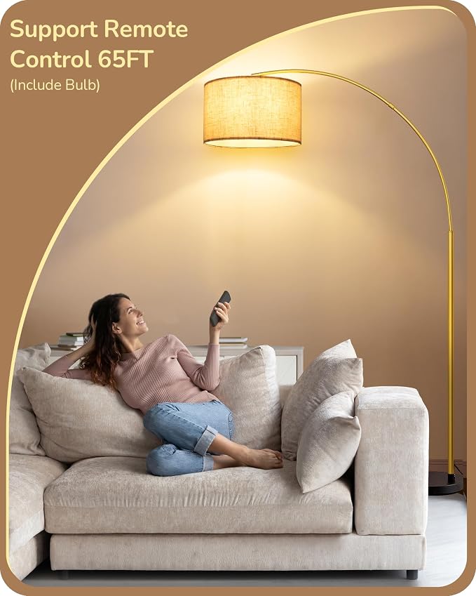 EDISHINE 78.3" Gold Arched Floor Lamp with Remote, Mid Century Modern Reading Light Over Chair, Tall Arc Standing Lamp for Living Room, Home Office, Reading Room, Dining Room, Dimmable Bulb Included