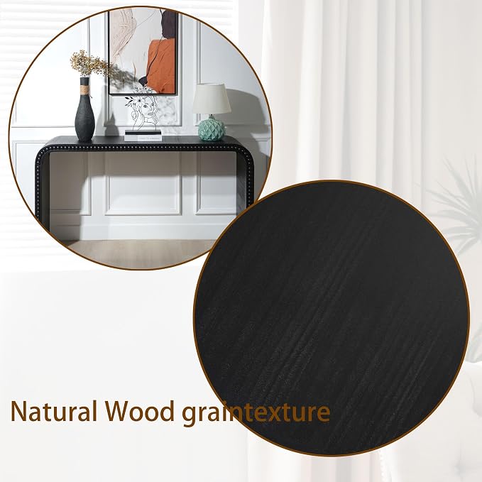 Wood Console Table, 59" Retro Long Sofa Table Behind Couch with Real Wood Beads Decor, Wooden Narrow Sofa Table Hall Table for Living Room Foyer Entrance Entryway, Black