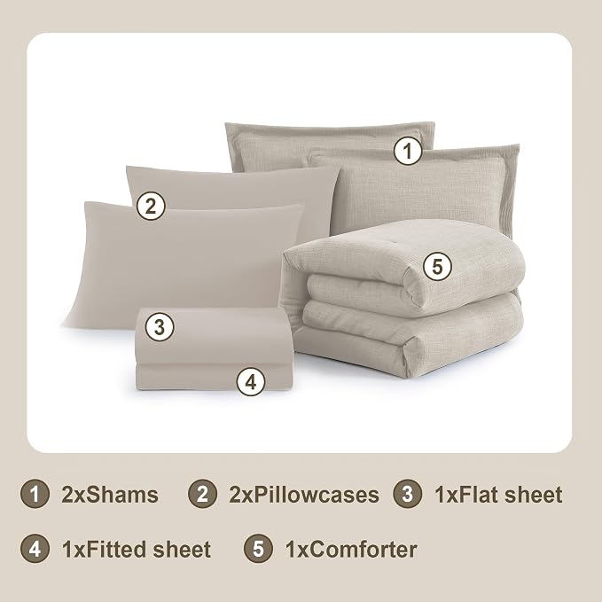 Geniospin Queen Comforter Set - 7 Pieces Comforter Queen Size, Soft Solid Bedding Set for All Season, Textured Bed in a Bag with Flat Sheet and Fitted Sheet, Pillowcases & Shams (Ivory, 90''x90'')