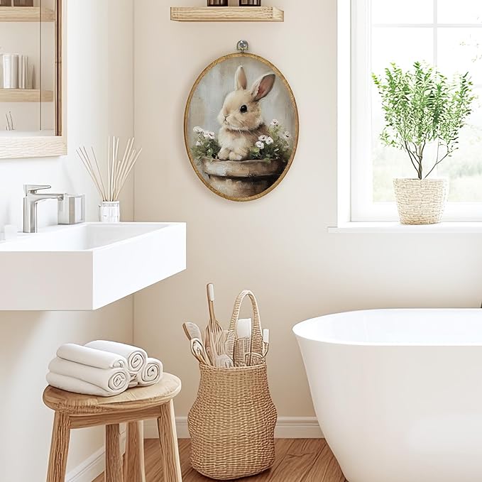 CGBHW Vintage Floral Easter Bunny Oval Wall Art Decor, Rustic Easter Canvas Prints Framed, Cottagecore Flower Rabbit Wall Art Hanging Decor for ome Bedroom Home Kitchen Living Room, 8.6x11.4 Inch