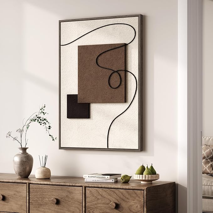 3D Textured Framed Neutral Abstract Wall Art, Modern Beige and Brown Block and Rope Paintings Artwork for Walls, Minimalist Pictures for Living Room Dining Room Bedroom Entryway Wall Decor 24x36 In