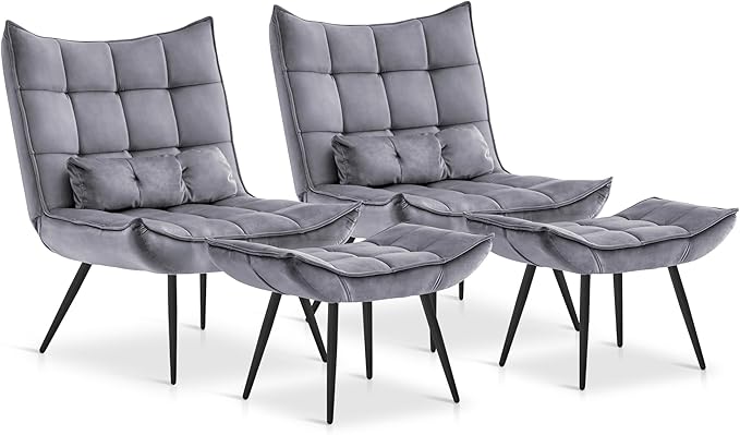 MCombo Accent Chair with Ottoman, Modern Velvet Wingback Lounge Chair, Upholstered Club Chair for Small Space, Living Room & Bedroom 4079 (2, Dark Grey)