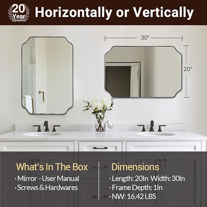 ANDY STAR 20"x30" Matte Black Mirror, Bathroom Vanity Mirror, Modern Scalloped Mirror in Premium Stainless Steel Thin Frame, Unique Rounded Notched Corners, Compact Size for Small Bathroom Remodel