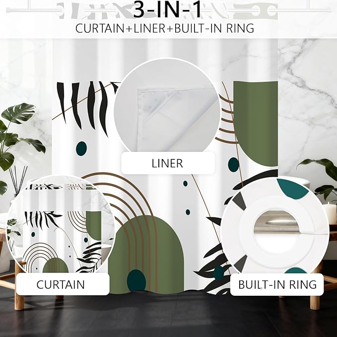 No Hook Boho Shower Curtain with Snap-in Liner, Mid Century Modern Abstract Botanical Design, Sage Green Geometric Leaves, Waterproof Double Layer Fabric with Mesh Window, 71 x 74 Inch