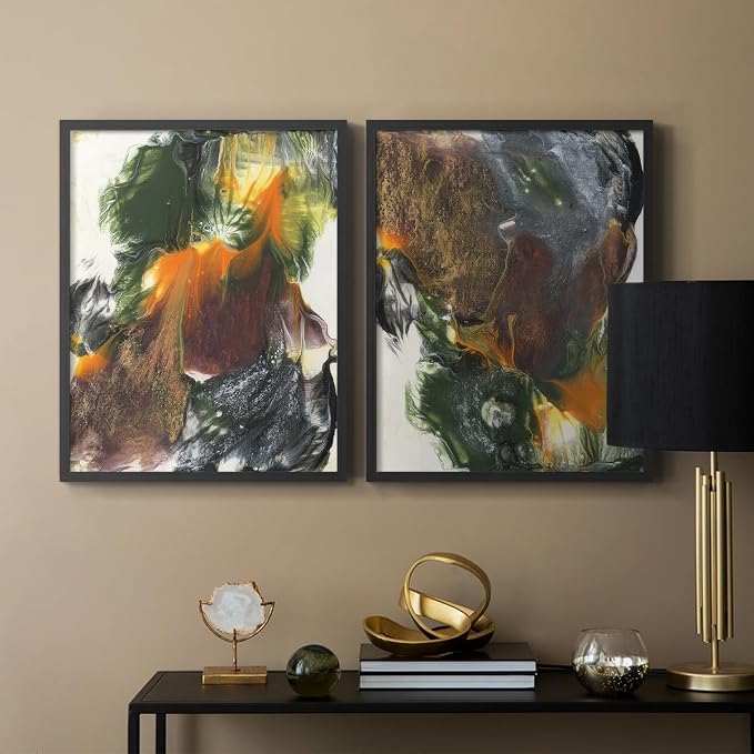 Renditions Gallery Set of 2 Peel & Stick Framed Prints, Watercolor Abstract Wall Art, Colorful Fluid Design Wall Decor, Re-Stickable - Ready to Hang - 22"x28" - Black Frame LT588