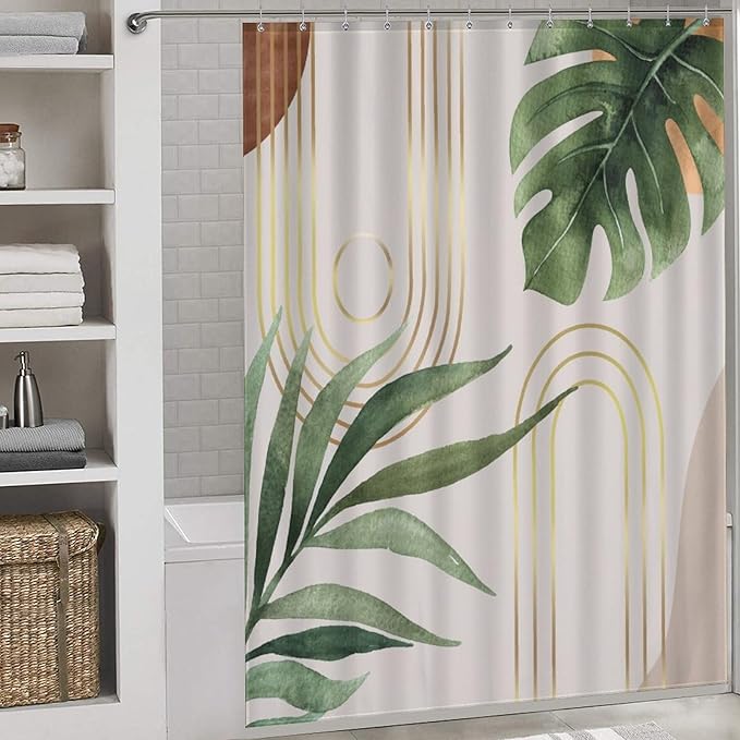 Boho Shower Curtain, Mid Century Modern Abstract Tropical Palm Sage Green Leaf Botanical Bohemian Aesthetic Arch Waterproof Fabric Bath Shower Curtain Set with Hooks, 72"x84" Inch