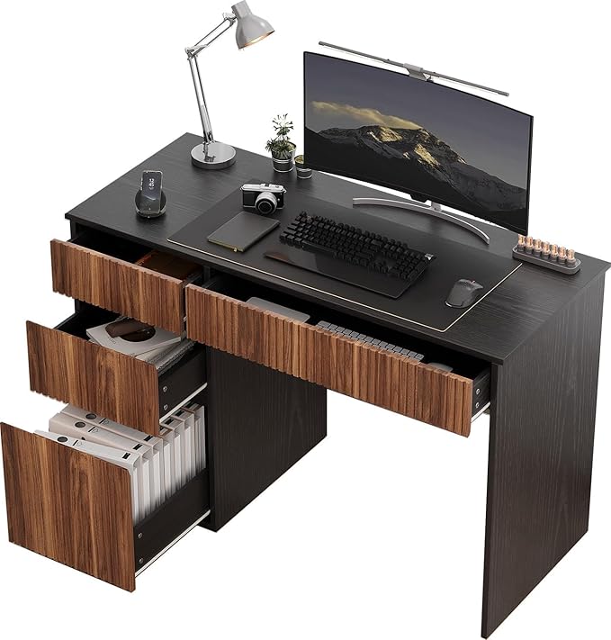 4 EVER WINNER 48 Inch Small Desk with Drawers, Computer Desk with Drawers and Storage Cabinet, Office Desks with Hidden Handle for Home Living Room, Wooden Desk for Small Spaces, Black