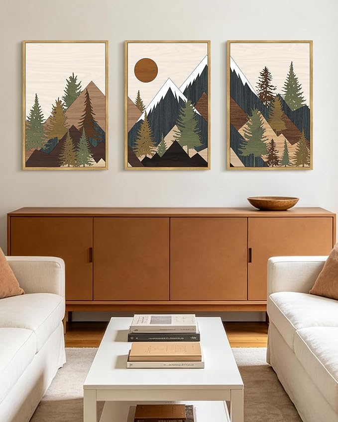 KUVIOKE Morden Mountains Framed Wall Art Boho Pine Tree Forest Nature Landscape Artwork Bohemain Farmhouse Rustic Bedroom Living Room Decor 16x24in (Natural Framed)