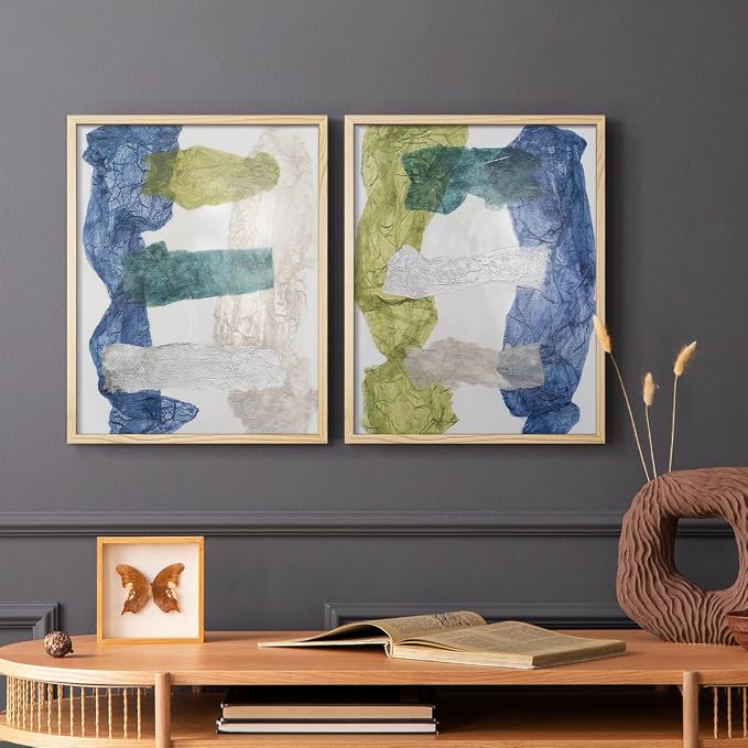 Renditions Gallery Set of 2 Peel & Stick Framed Prints, Elegant Abstract Wall Art, Dyed Cloth Texture Wall Decor, Re-Stickable - Ready to Hang - 22"x28" - NATURAL WOOD Frame LT588