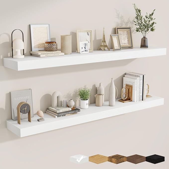 fuqing Floating Shelves for Wall, Wall Mounted Wood Floating Shelf with Invisible Brackets for Living Room, Bathroom, Bedroom, Kitchen Storage and Decor, 55 Inch Set of 2, White