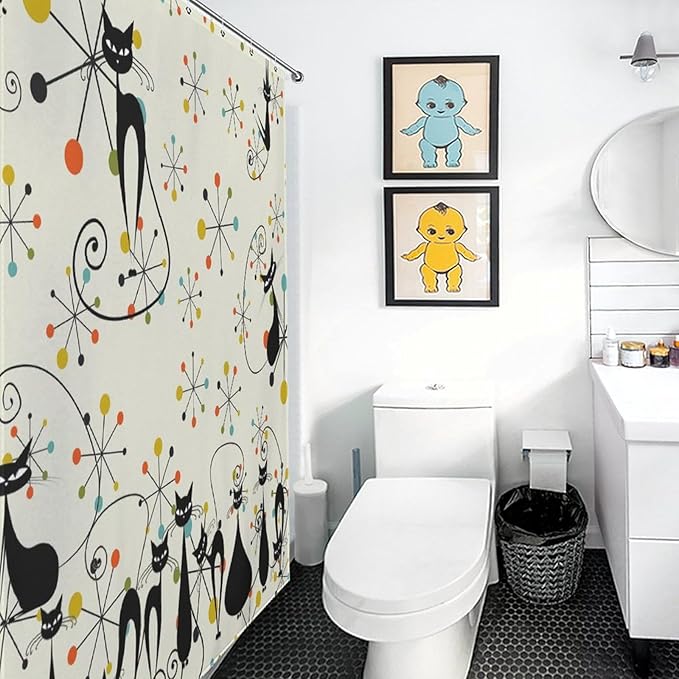 Mid Century Atomic Cat Shower Curtains, Atomic Abstract Geometric Cat Retro Pattern Waterproof Shower Curtains for Bathroom Decor 12 Pack Hooks 72x72in (183x183cm)