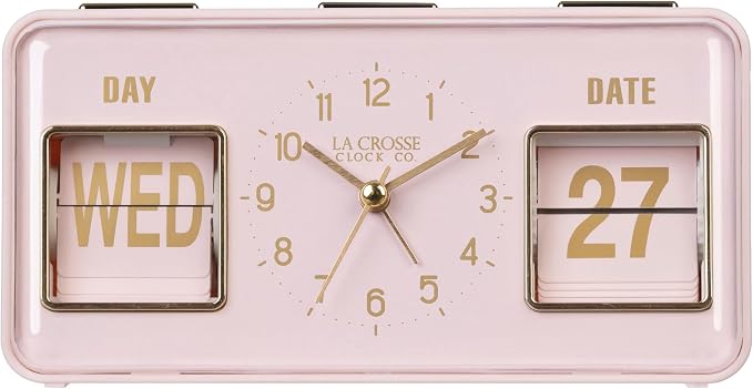 La Crosse Clock 636-379P Daily Flip Pink Tabletop Alarm Clock with Calendar