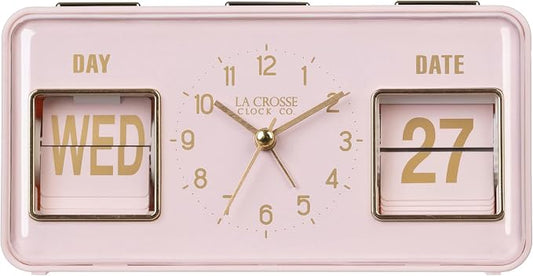 La Crosse Clock 636-379P Daily Flip Pink Tabletop Alarm Clock with Calendar