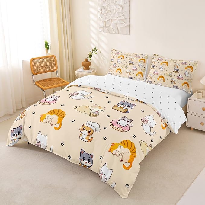 Erosebridal Cute Cats Comforter Cover Twin Cartoon Kitten Bedding Set Lovely Animals Pets Duvet Cover for Kids Girls Boys Adults Paw Print Bed Set