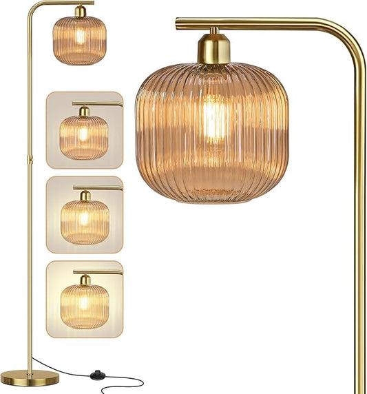 Glass Floor Lamp for Living Room, Mid Century Modern Dimmable Floor Lamp with Amber Glass Shade and Pedal Switch, 67" Tall Vintage Gold Standing Lamp for Bedroom Study Room
