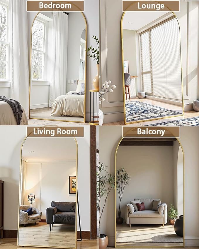 Dewfig Arched Full Length Mirror, 90"x46" Large Floor Mirror with Stand, Oversized Full Body Mirrors for Leaning or Hanging, Wall Mounted Mirrors for Bedroom, Living Room,Dressing Room, Gold