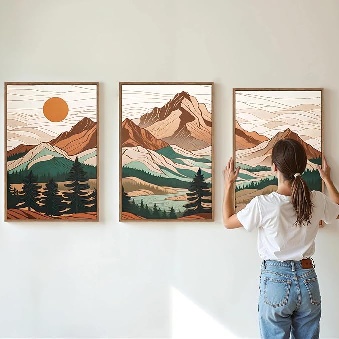 Tinonedraw Large Mountain Framed Canvas Wall Art Set of 3, Boho Nature Forest Wall Decor, Neutral Wooden Pine Trees Artwork, Sunrise Ridge Landscape Art Printing for Living Room Bedroom Office 24"x36"