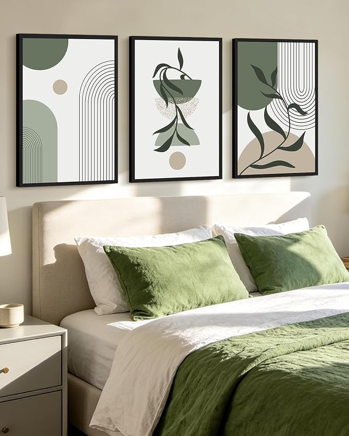 KUVIOKE Boho Wall Art Framed Botanical Modern Plants Wall Printing Green Neutral Abstract Geometric Prints Bohemain Sage Decor for Farmhouse Living Dining Room 24x36in (Black Framed)