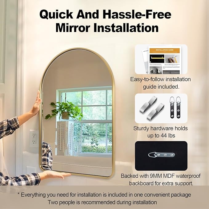ANDY STAR Arched Mirror, 26''x38'' Brushed Brass Arched Top Rounded Corner, Stainless Steel Antirust, 1'' Deep Set Wall Mounted Vertical Bathroom Mirror