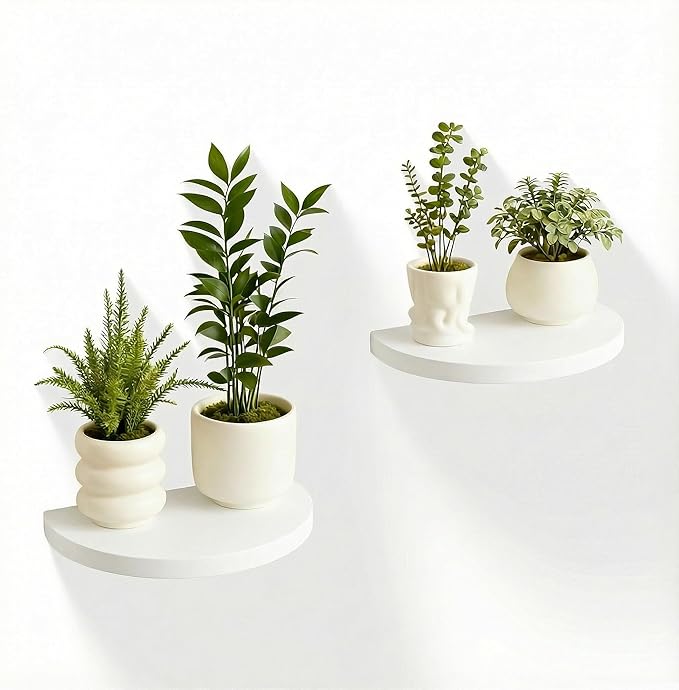 Small Wood Floating Shelves (2-Pack, 8-inch Diameter) - Round Sturdy Invisible Wall Mount Display for Small Plants,Toys,Bathroom,Living Room Storage & Modern Rustic Décor (White)