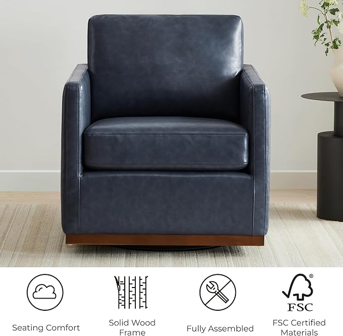 CHITA Swivel Accent Chair, Faux Leather FSC Certified Mid Century Modern Arm Chair for Living Room and Bedroom, Fully Assembled, Navy Blue