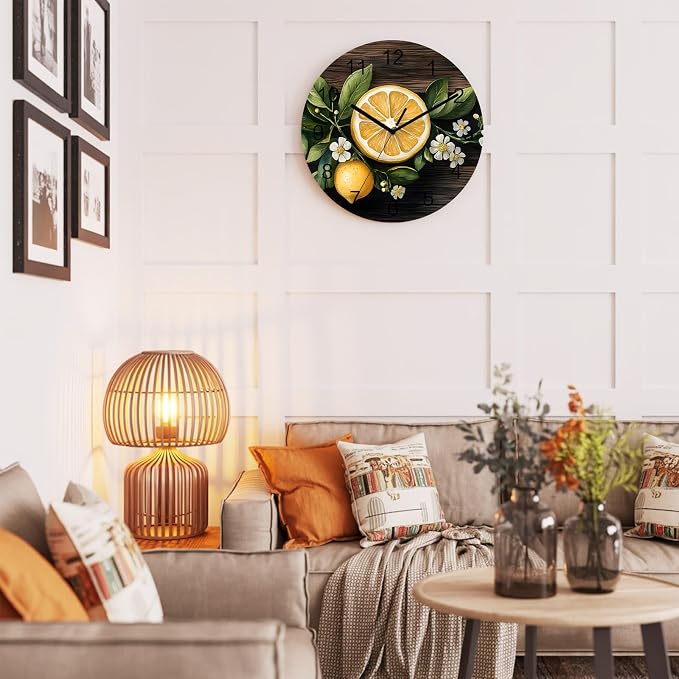Lemon Flowers Wall Clock Battery Operated Non-Ticking 10" Round Wood Clocks, Vintage Style Kitchen Wall Clock for School Bathroom Living Room Home Office Wall Decor