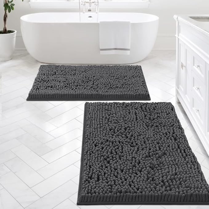H.VERSAILTEX Bath Mats - Non Slip Luxury Chenille Bathroom Rugs, Extra Soft Absorbent Shaggy, Washable Fast Dry 2 Piece (Grey, 24" x 36"/20" x 32")