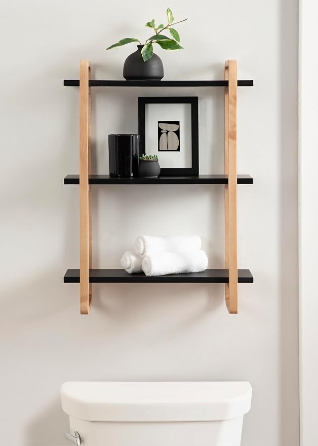 Kate and Laurel Summit Modern Three-Tier Wall Shelf, 18 x 6 x 25, Black and Natural Wood, Transitional Decorative Multi-Tiered Storage Shelf Wall Organizer for Decor and Display
